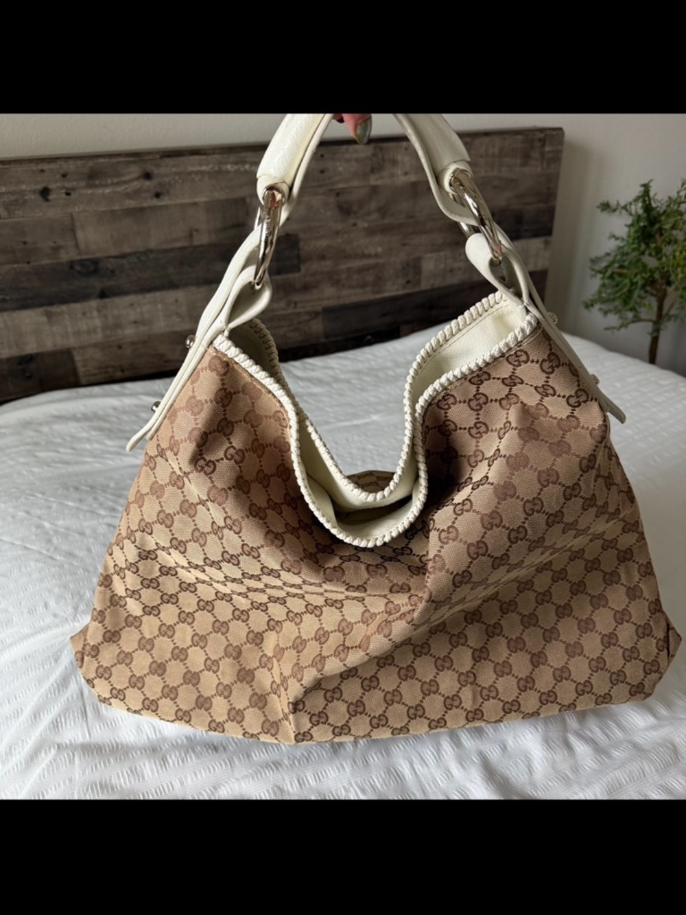 Gucci Beige GG Canvas Shoulder Bag with White Trim